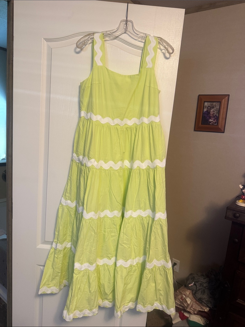 Lime Green Tiered Maxi Sundress with White Trim